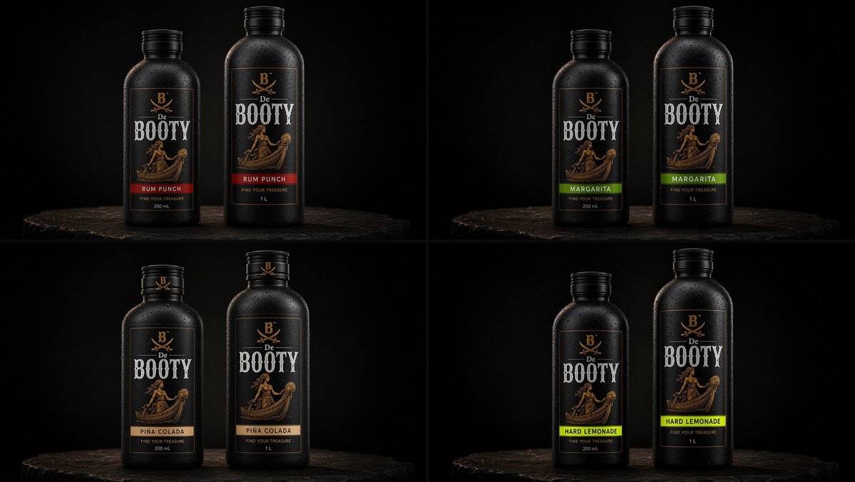 De Booty RTD rum cocktails — four flavours in Big Booty 1 L and Lil Booty 200 mL matte black bottles